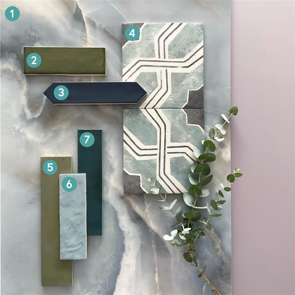 A sample set of onyx blue polished porcelain, Babylon olive metro, nautilus navy metro, Moroccan sage patterned, Venetian hunter green metro, Windsor light blue metro, and Valencia azure metro tiles.